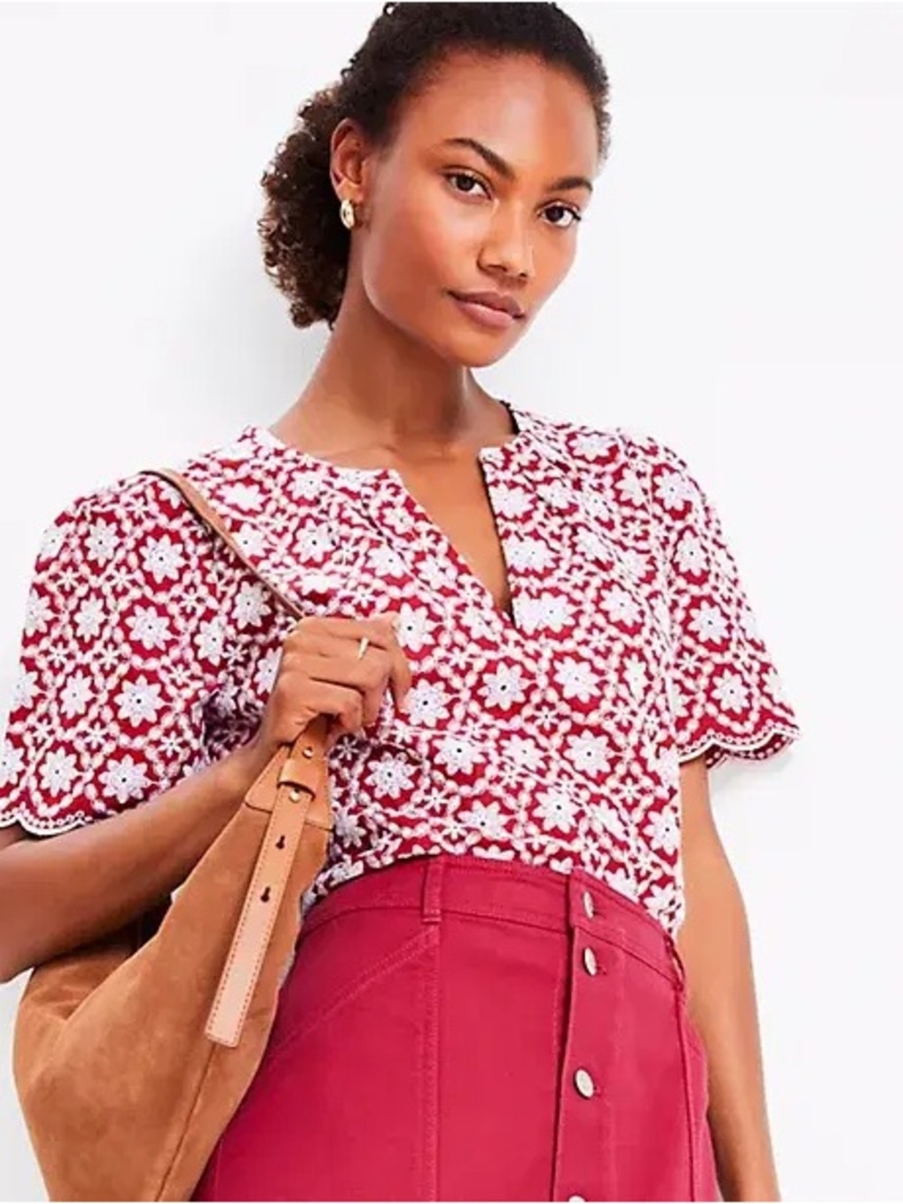 Loft Floral Short-Sleeve Top in Red and White